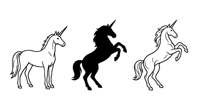 Unicorn silhouette and line art set, mythical horse standing and rearing poses, black and white fantasy animal vector icons for logo design