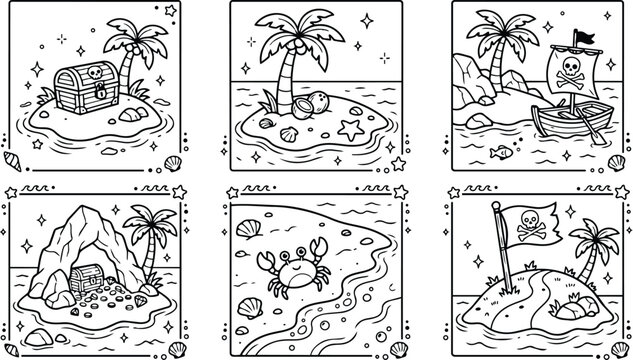 Line art pirate island scenes close up treasure chest palm tree crab boat cave multiple panels for coloring book childrens activity in monochrome playful outline composition