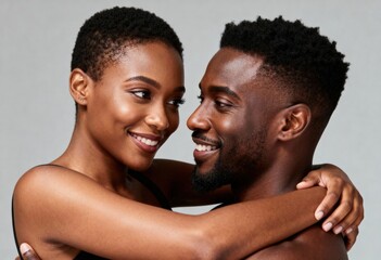 Fototapeta premium Portrait of a happy young black couple in love. Affectionate man and woman smiling and embracing. Intimacy and romance concept for valentine's day