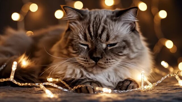 Fluffy feline cat with warm glowing fairy lights, soft fur, calm pet portrait, cozy indoor festive scene, sleepy brown striped mammal animal with bokeh light string