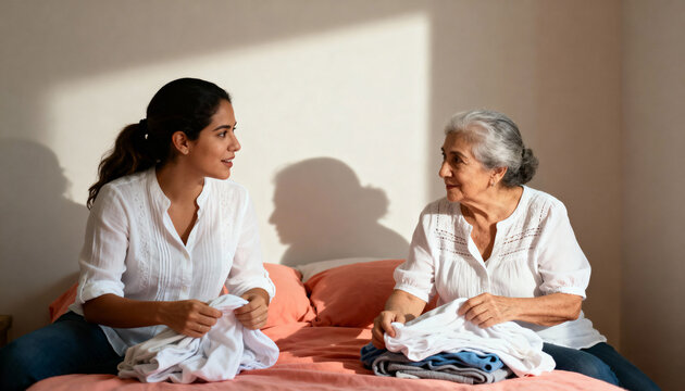 Young woman helping her elderly mother fold laundry at home. Daughter and senior parent talking and bonding while doing household chores. Intergenerational care and family relationship concept