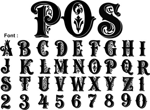 Decorative vintage serif alphabet featuring ornate Victorian-style typography with intricate flourishes. Includes uppercase letters A&ndash;Z and numbers 0&ndash;9 in bold black design, ideal for logos, posters, 