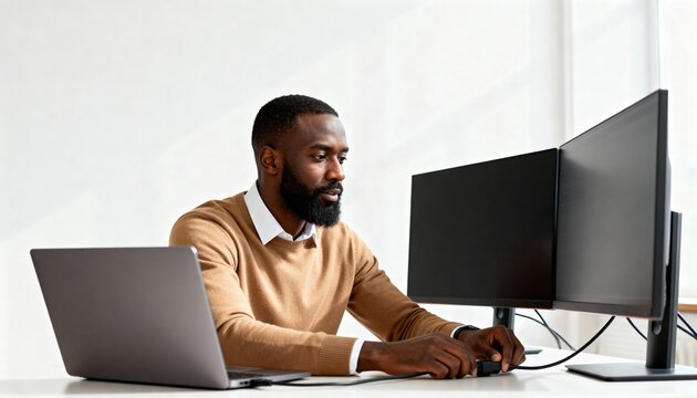 Black man connecting cables to dual monitors in a bright office. Professional setting up a workstation with laptop and screens. Technology and productivity concept