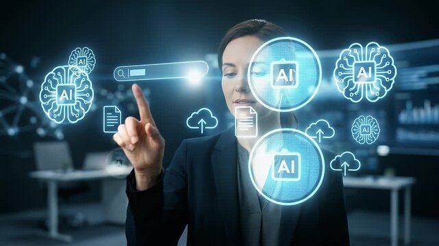 Medium close-up of a professional extending a finger toward a floating search bar while file, cloud and AI icons appear beneath, slow cinematic push-in with dark studio lighting and shallow depth of f