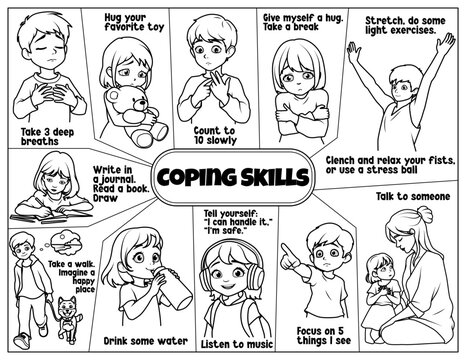 Coping skills and calming strategies for kids worksheet. Educational coloring page with children characters showing stress management techniques