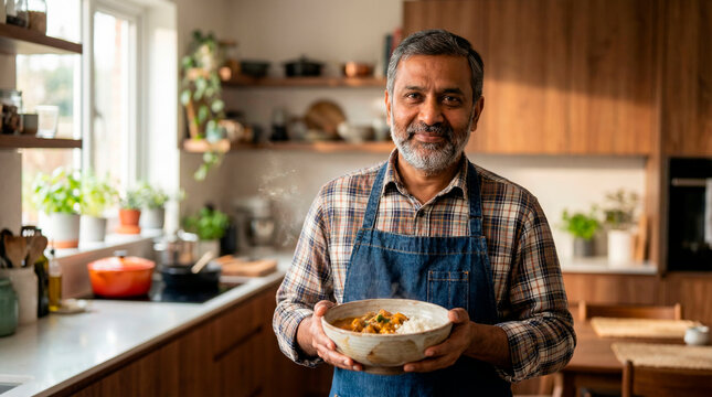 Happy middle-aged Indian man wearing denim apron holding steaming bowl of homemade curry and rice in a modern kitchen