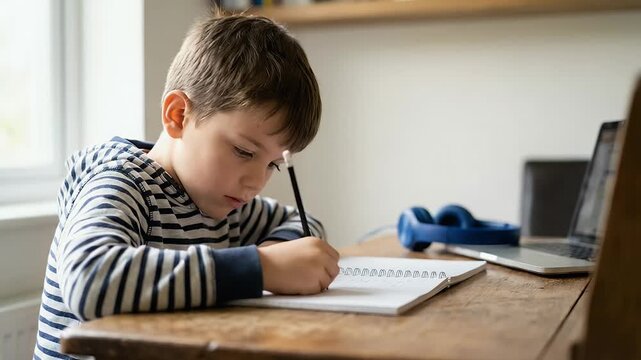 A young boy focuses intently on his schoolwork while writing in a notebook, captured in a warm, realistic style with a gentle slow pan and soft ambient light filtering through a window.