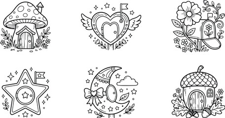 Naklejka premium Line art close up six square coloring page illustrations featuring mushroom house heart with wings flower mailbox star and crescent moon acorn cottage playful whimsical outline