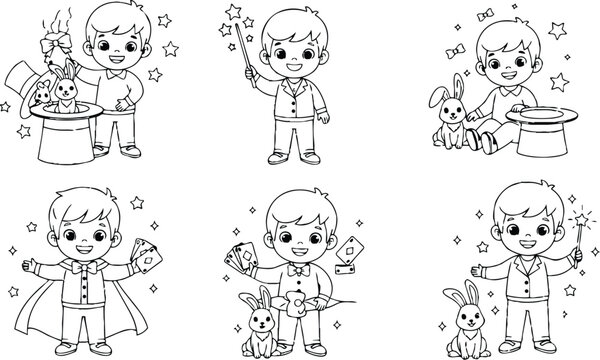 Whimsical line art close up boy magician pulling rabbit from top hat while holding wand showing cards smiling in playful scene children coloring activity book collection