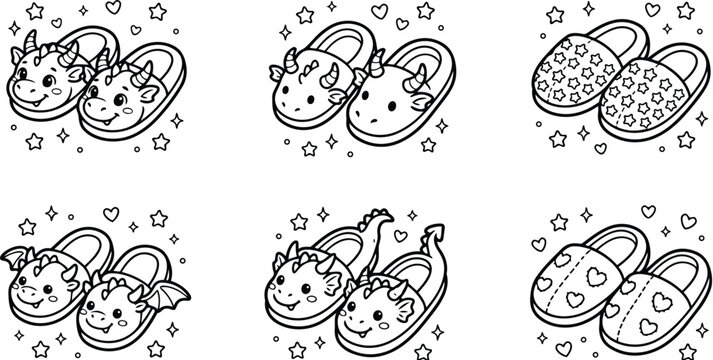 Cartoon line art close up pair of dragon and unicorn face slippers with smiling eyes front view kids coloring page style simple outline cute playful illustration