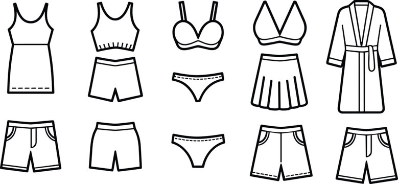 Fashion clothing line icons set, women apparel symbols, lingerie dress shorts collection, wardrobe essentials, modern outfit vector illustration pack