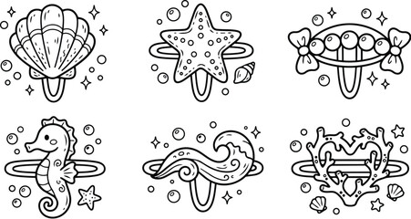 Obraz premium Line art close up six ocean themed hair clips shell starfish bow seahorse wave coral decorative rings black outline vector illustration clean flat minimalist set