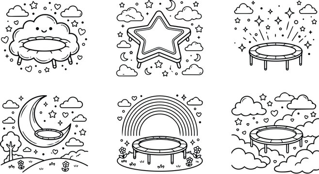 Whimsical line art close up trampoline with smiling cloud looking at camera star and moon decorations rainbow scene low angle nursery