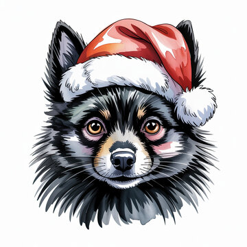 Christmas Schipperke dog wearing a Santa hat illustration, festive pet portrait for the holidays