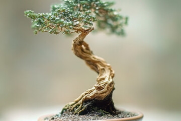 Fototapeta premium A small bonsai tree sits in a blue ceramic bowl on a wooden table. vertical frame