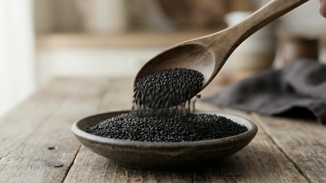 Capture the elegant motion of black sesame seeds cascading from a wooden spoon into a rustic bowl, with a slow, steady camera pan in a warm, cinematic kitchen setting.