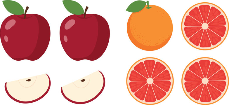Set of apple and grapefruit fruits with slices flat vector collection of fresh healthy food elements for grocery design illustration