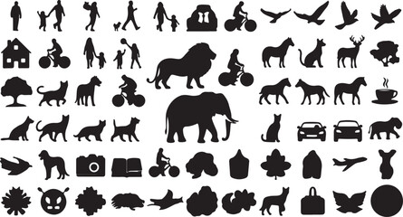 Black silhouette icon set with 60 vector elements, diverse collection of animal and people silhouettes, nature and transport symbols for graphic design © 爱心binragh