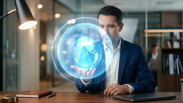 Medium shot of a professional holding a glowing digital globe above the palm while subtle business icons orbit around it, slight hand adjustment as the holographic elements rotate, slow steady push-in