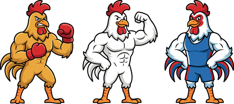 Set of Strong and Muscular Cartoon Roosters in Various Poses for Sports, Fitness, and Mascot Design Projects