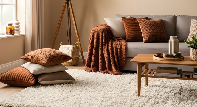 Embrace Warmth and Comfort A Modern Living Room Interior Featuring Stylish Knit Cushions, Soft Throw Blankets, and a Plush Rug Creating an Inviting Home Ambiance