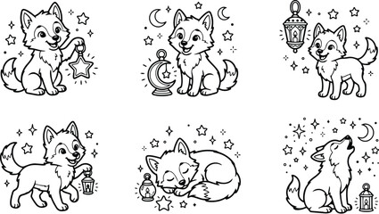 Obraz premium Cute wolf puppy holding star lantern sitting smiling with moon lantern howling and sleeping surrounded by stars night magical vector art for coloring book pages