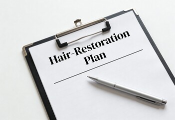 Obraz premium Hair-restoration plan document on a clipboard with a pen. Medical treatment and hair loss solution concept