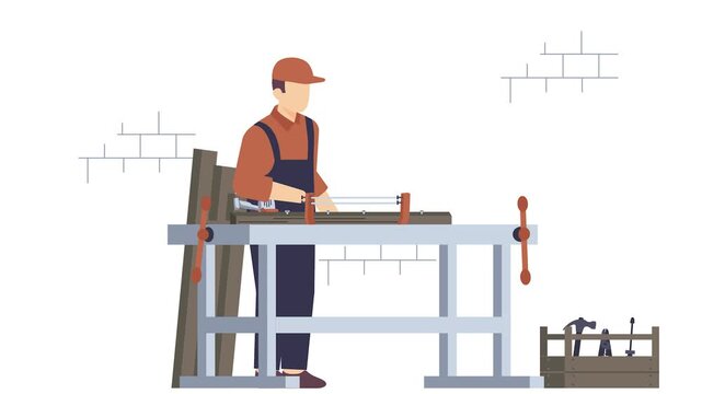 carpenter clamping and joining timbers metal workbench animation, worker performing panel alignment and fastening animated video, carpenters clip, woodworker footage, tradesperson craftsmen motion