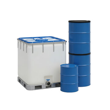 Industrial tank and blue barrels isolated on transparent background