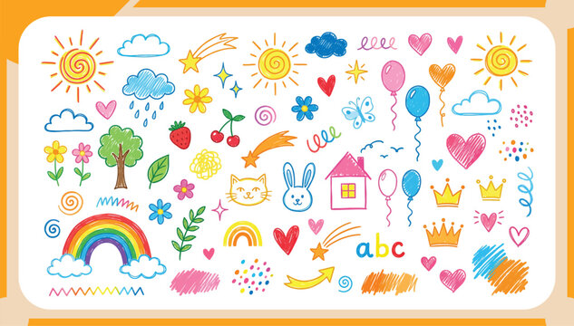 Large Collection of Cute Hand Drawn Kid Doodles with Crayon Texture Featuring Rainbow, Sun, Clouds, Hearts, Animals and Flowers Vector Illustration Set for Children Design