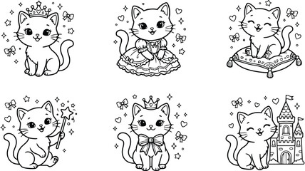 Obraz premium Cute princess cat with crown and bow sitting with stars magic wands and castle black and white coloring book pages set for children fun drawing activity