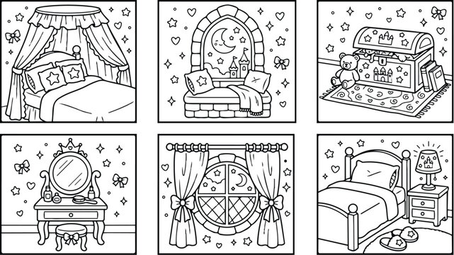 Hand drawn coloring book pages with princess bedroom scene including canopy bed with pillows window seat chest with teddy bear vanity table circular window and bedside lamp in outline style