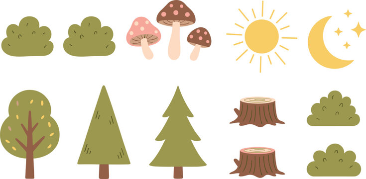 Set of forest nature elements with trees bushes mushrooms sun moon and stumps flat vector collection for landscape design illustration