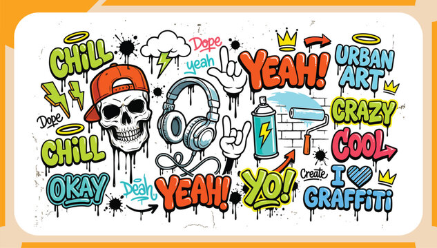 Colorful Graffiti Art Element Set Featuring Skull with Red Cap, Headphones, Spray Cans and Urban Street Style Slang Words for T-shirt and Poster Vector Illustration