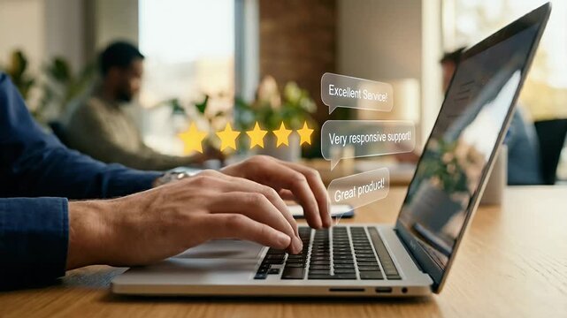 Close-up of professional typing on laptop keyboard as floating five star rating icons and review speech bubbles appear above the screen, subtle finger movement with soft golden glow on stars, slow cin