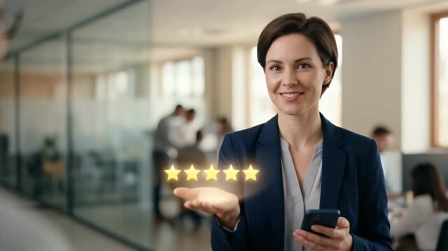 Medium close-up of a professional holding a smartphone in one hand while presenting a glowing row of five stars above an open palm, subtle slow push-in camera movement with soft indoor lighting and sh