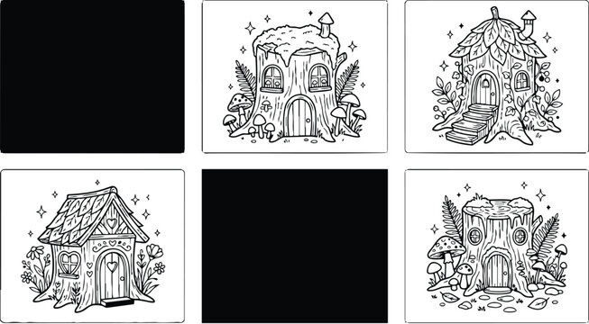 Whimsical black and white fairy tale tree house coloring book pages with flower petal roofs mushrooms stairs and heart shaped windows adorable nature inspired designs for children and adults to color