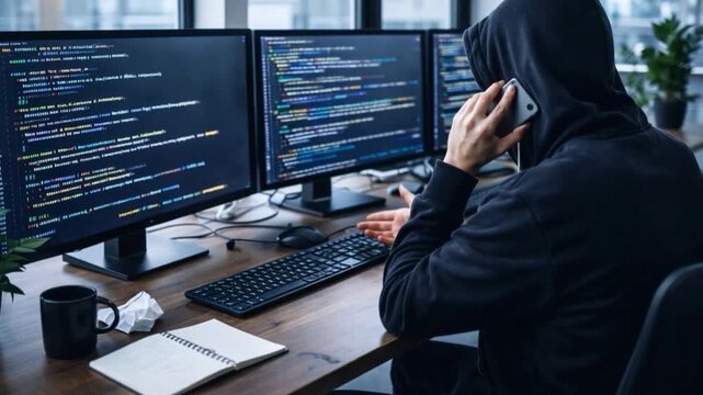 Scammer wearing a hoodie is talking on a cell phone, fraud and criminal concept


