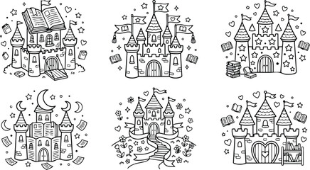 Naklejka premium Detailed coloring book castle illustrations with magical flags stars hearts books moon flowers pathway and decorative elements for creative artistic children and adults