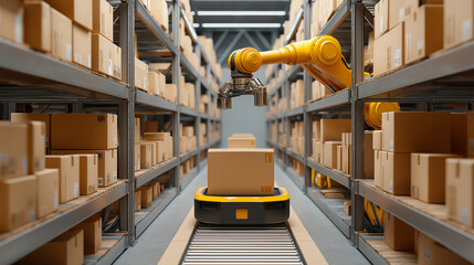 Automated warehouse with robotic arms moving boxes onto conveyor belts, futuristic logistics concept