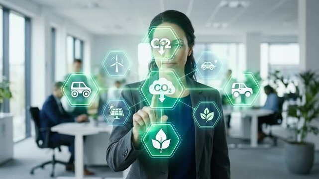 Medium close-up of a professional pointing at a floating hexagon interface with CO2 and renewable energy icons including wind turbines and electric vehicle symbol, subtle finger interaction selecting 