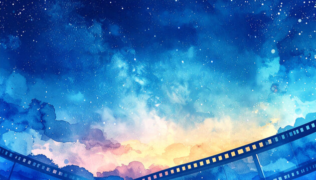 満天の星空と夕焼けの雲が広がる幻想的な水彩背景素材 映画フィルムのフレーム付き