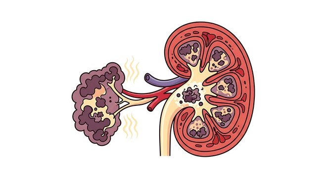 Kidney Stones and Renal Calculi Illustration with Cross-Sectional View.