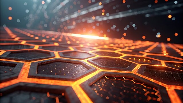 Futuristic hexagonal grid with glowing orange lines and abstract digital particles