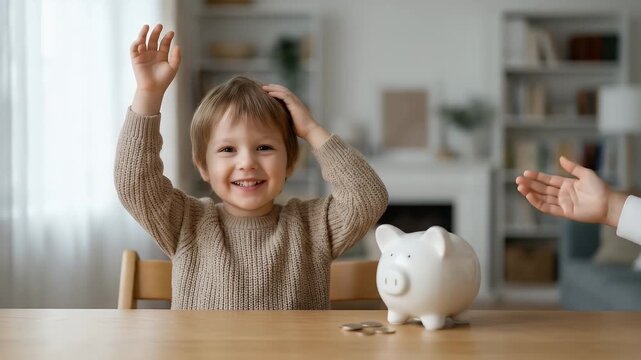 Medium shot of a smiling young child sitting at a table with a white piggy bank, raising one hand in excitement while looking forward, static framing with soft even lighting and shallow depth of field