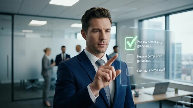 Medium close-up of a business professional in a suit pressing a large check mark icon within a floating checklist panel, deliberate fingertip confirming the selected item, slow cinematic push-in with 