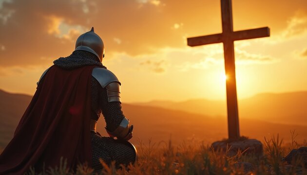 Medieval knight in metal armor kneels in prayer near wooden cross during golden sunset. Man shows devotion, faith and belief in spiritual reflection time.