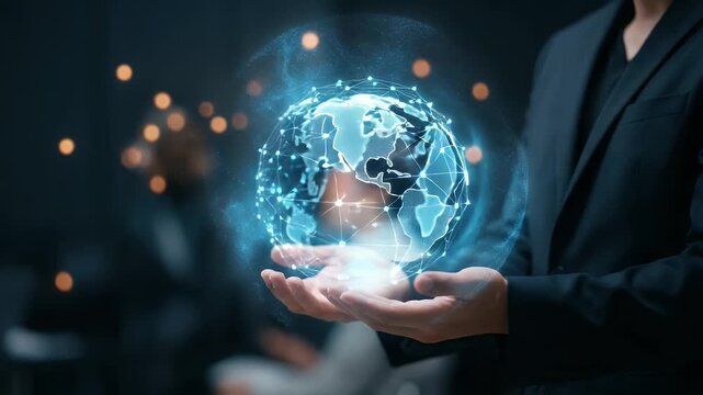 A businessman gently cradles a glowing digital globe, with sparkling connections, as the camera performs a slow pan, creating a cinematic scene of technological innovation and global connectivity.