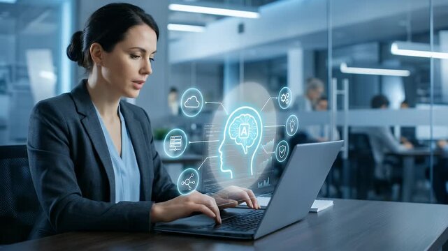 Medium close-up of a business professional typing on a laptop as a glowing AI emblem within a head silhouette and connected tech icons overlay the screen, subtle finger movement interacting with the i