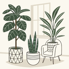 A minimalist vector illustration of three potted plants and a chair in a modern room with a window